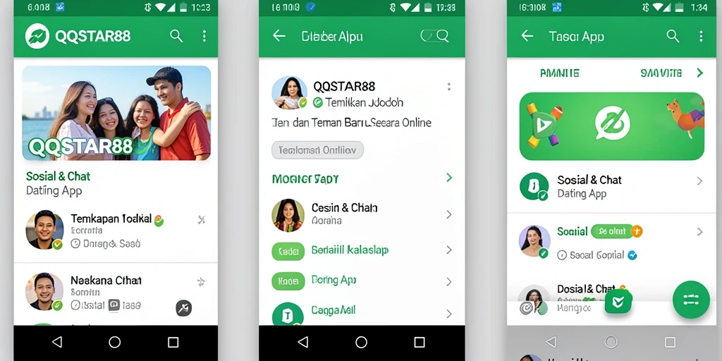 Antarmuka pengguna QQSTAR88 menampilkan berbagai fitur untuk menjelajahi profil dan chatting.